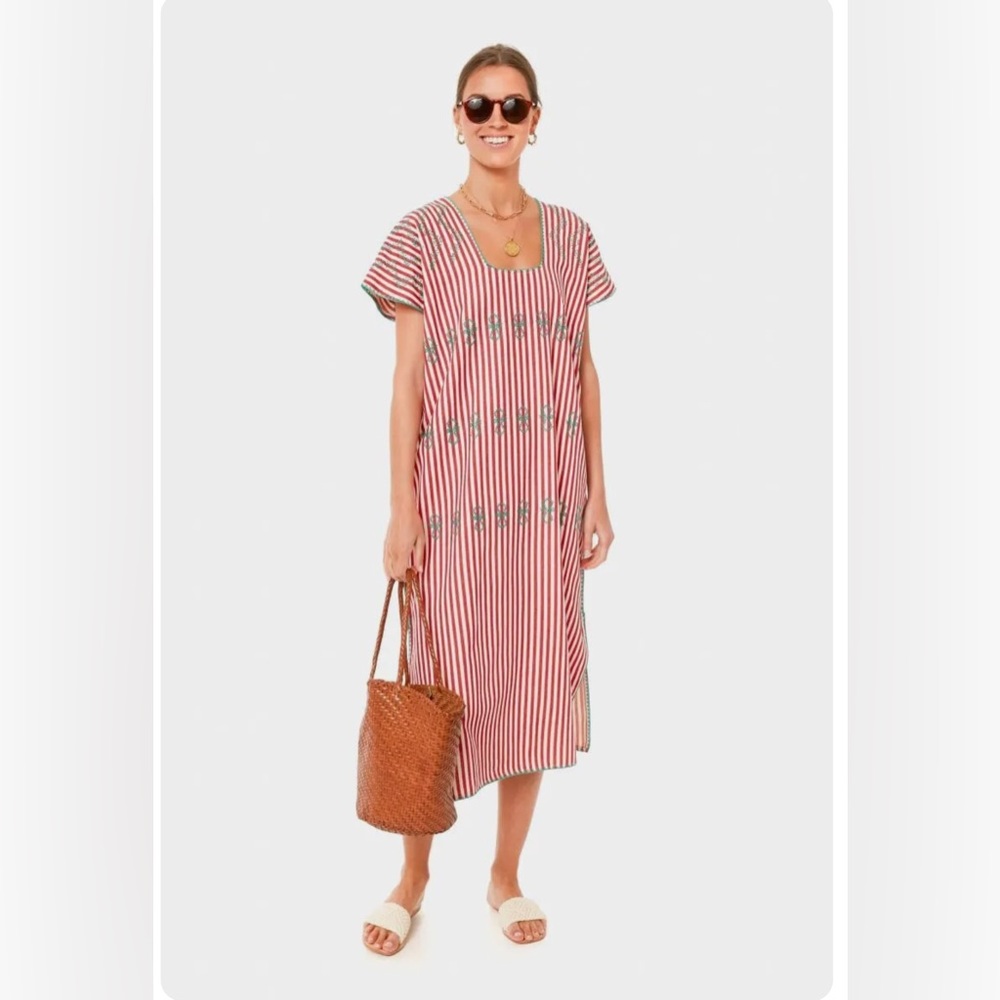 Tuckernuck Red Stripe Sullivan Embroidered Canvas Caftan Dress Size S